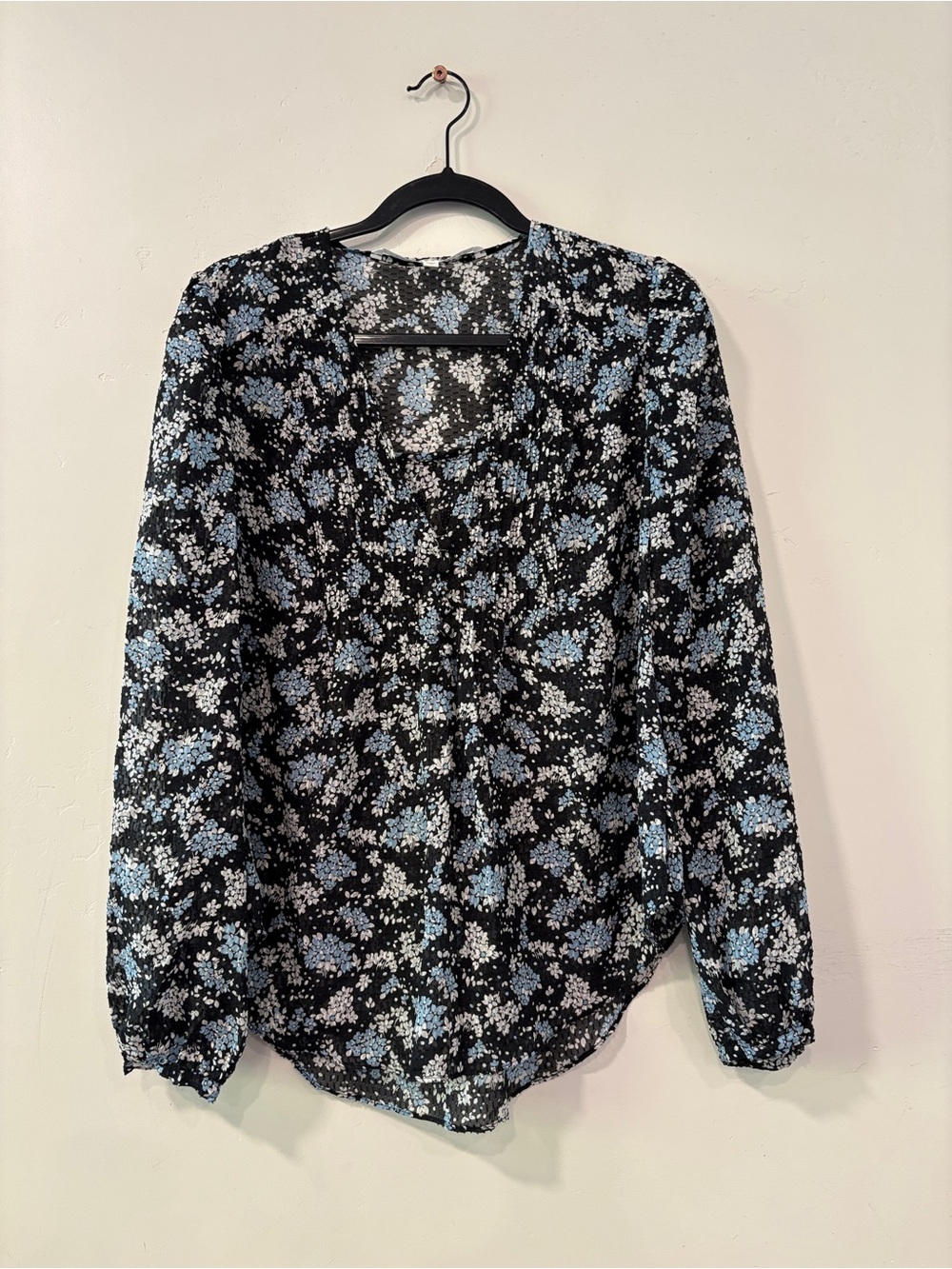 Veronica Beard Womens Silk Floral Print V Neck Blouse Black Blue Size 10 Boho